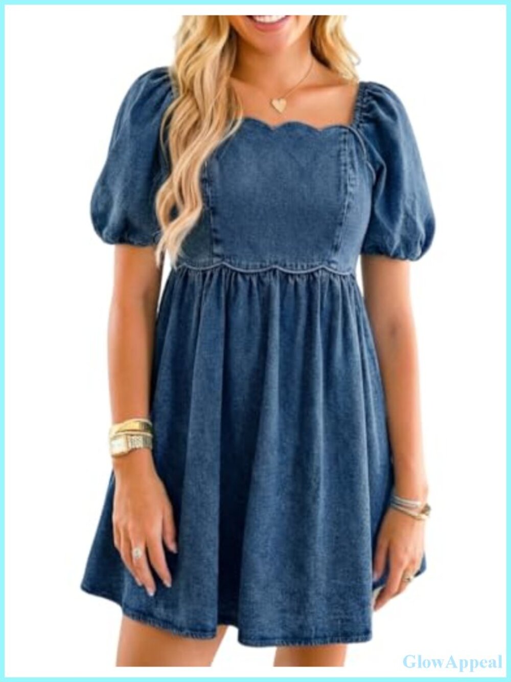 Womens Denim Babydoll Dress Puff Sleeve Square Neck Western Jean